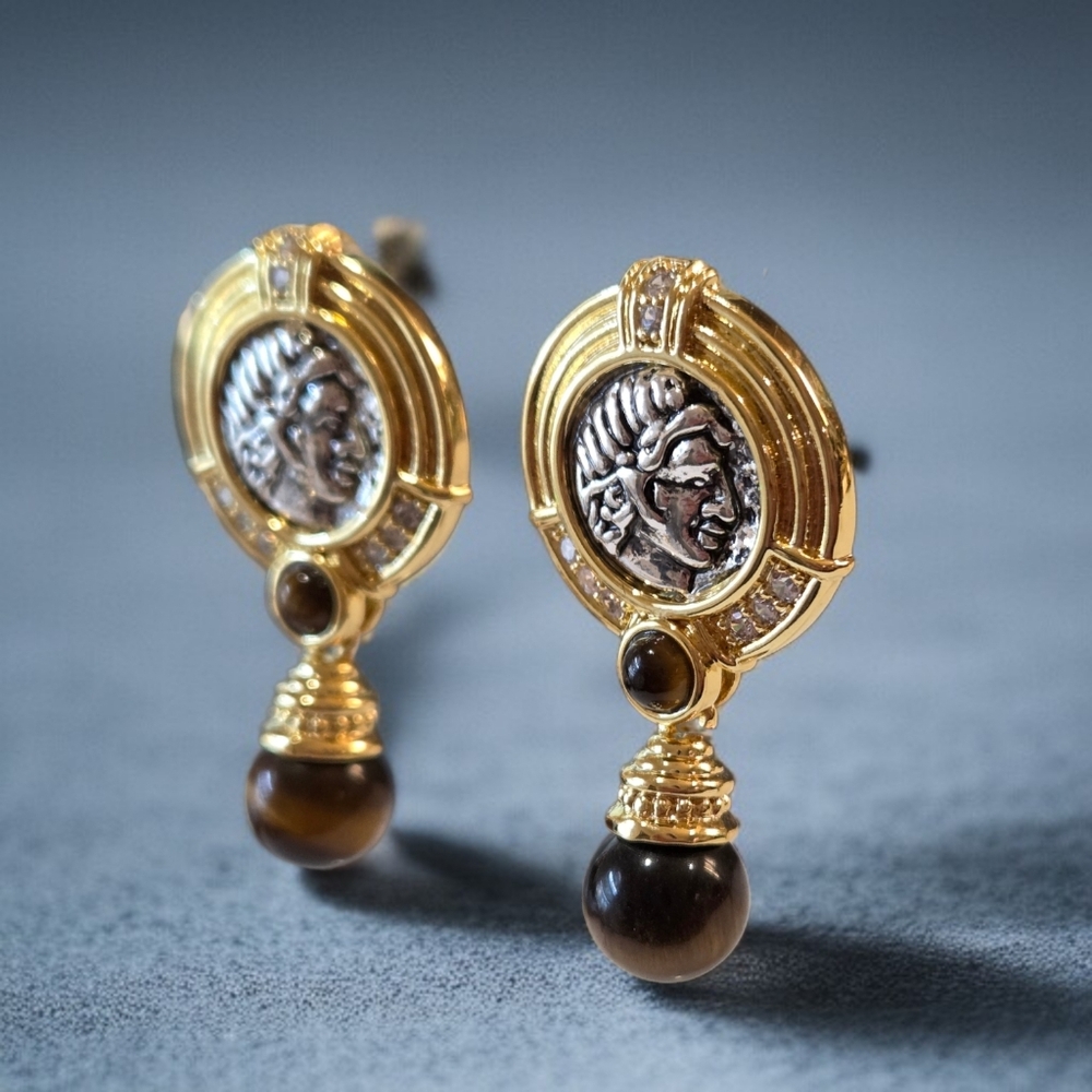 18k Gold Plated Ancient Coin Tigers Eye Dangle Drop Earrings - Picture 2 of 5